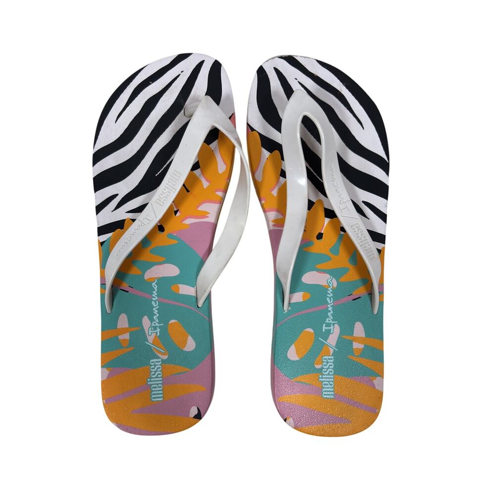 Melissa x Ipanema Flip Flops Womens 7 White Zebra Tropical Leaf Print Sandals